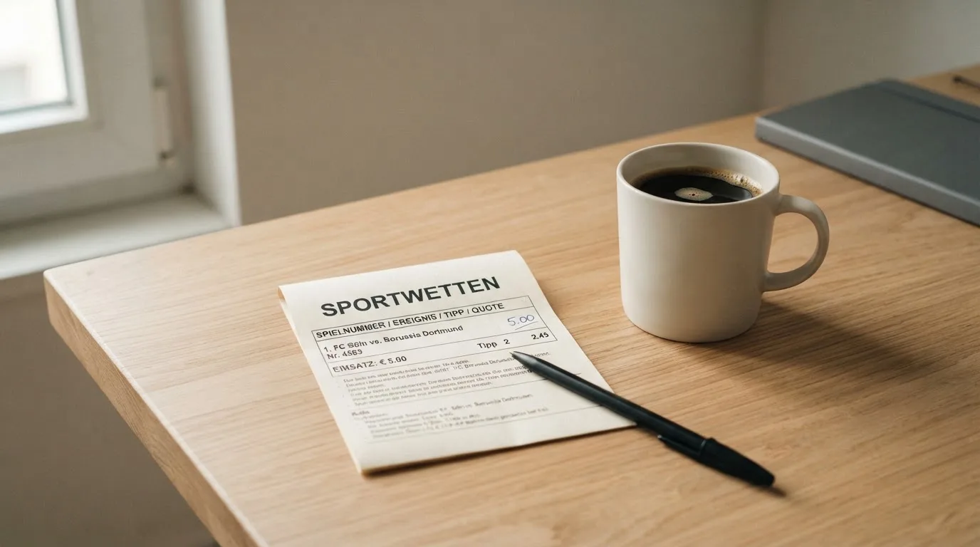 Ein leerer Wettschein aus Papier und ein Kugelschreiber liegen auf einem Schreibtisch neben einer Tasse Kaffee im Tageslicht.