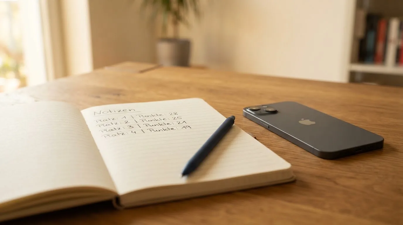 Ein Notizbuch mit handschriftlichen Notizen und ein Stift liegen auf einem Holztisch neben einem Smartphone mit dunklem Bildschirm.