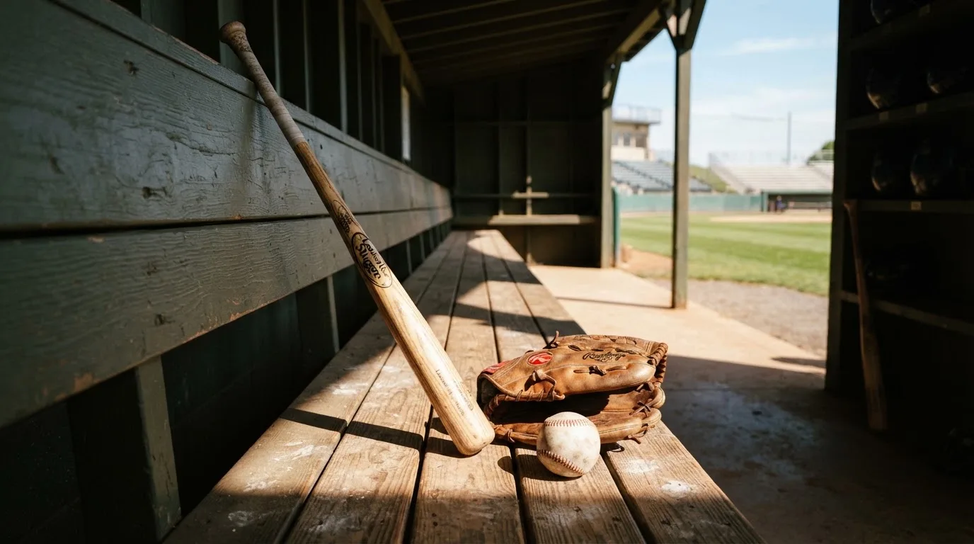 Ein Baseballschläger lehnt an einer Bank im Dugout, daneben liegen ein Handschuh und ein Ball im Licht der Nachmittagssonne.