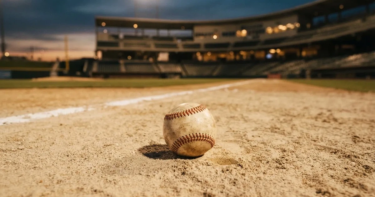 Ein Baseball liegt auf dem hellen Sand des Infields, im Hintergrund eine große Tribüne in der Abenddämmerung.