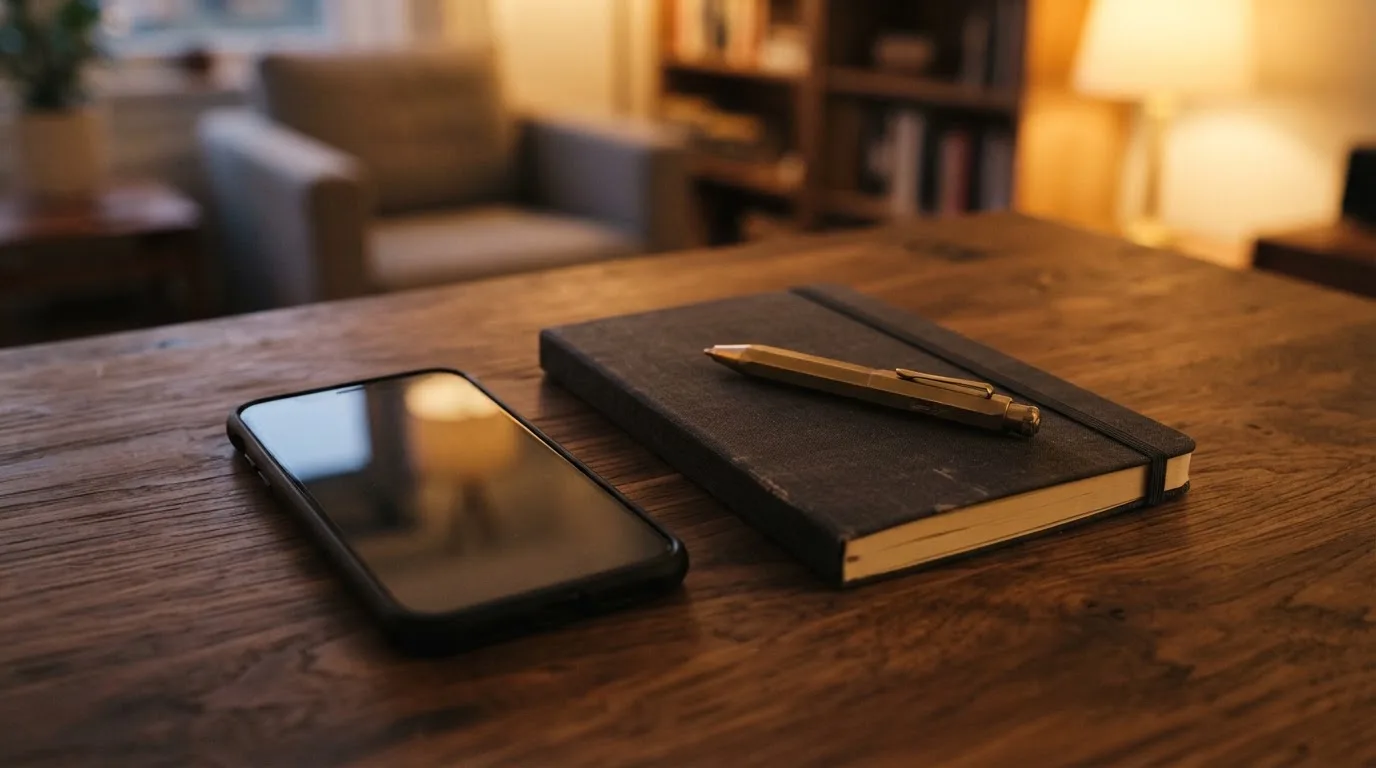 Ein Smartphone mit dunklem Display liegt neben einem Notizbuch und einem Kugelschreiber auf einem Tisch.