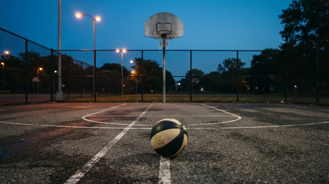 Ein Basketball rollt auf einem Freiluftplatz in der Abenddämmerung zu einem Korb, die Straßenlaternen leuchten bereits.