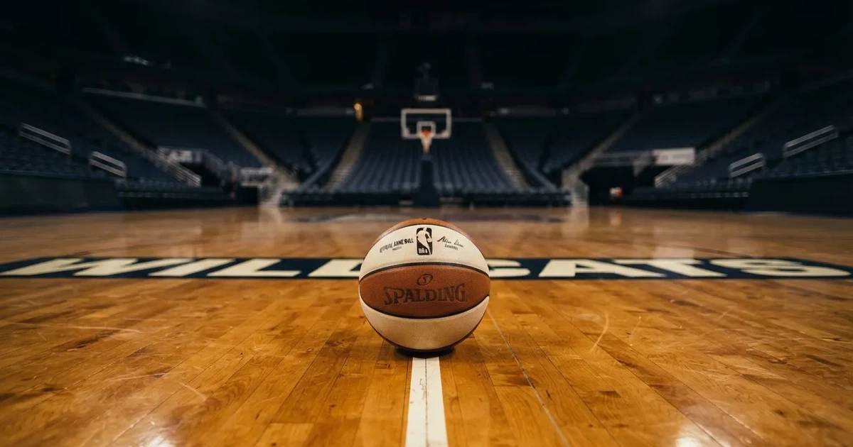 Ein Basketball liegt auf dem Parkettboden einer leeren Arena, Scheinwerfer werfen Licht auf die Mittellinie.