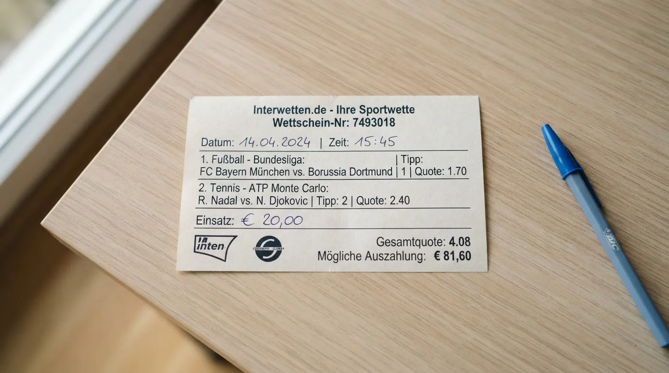 Ein leerer Wettschein aus Papier liegt neben einem Kugelschreiber auf einem Schreibtisch im Tageslicht.