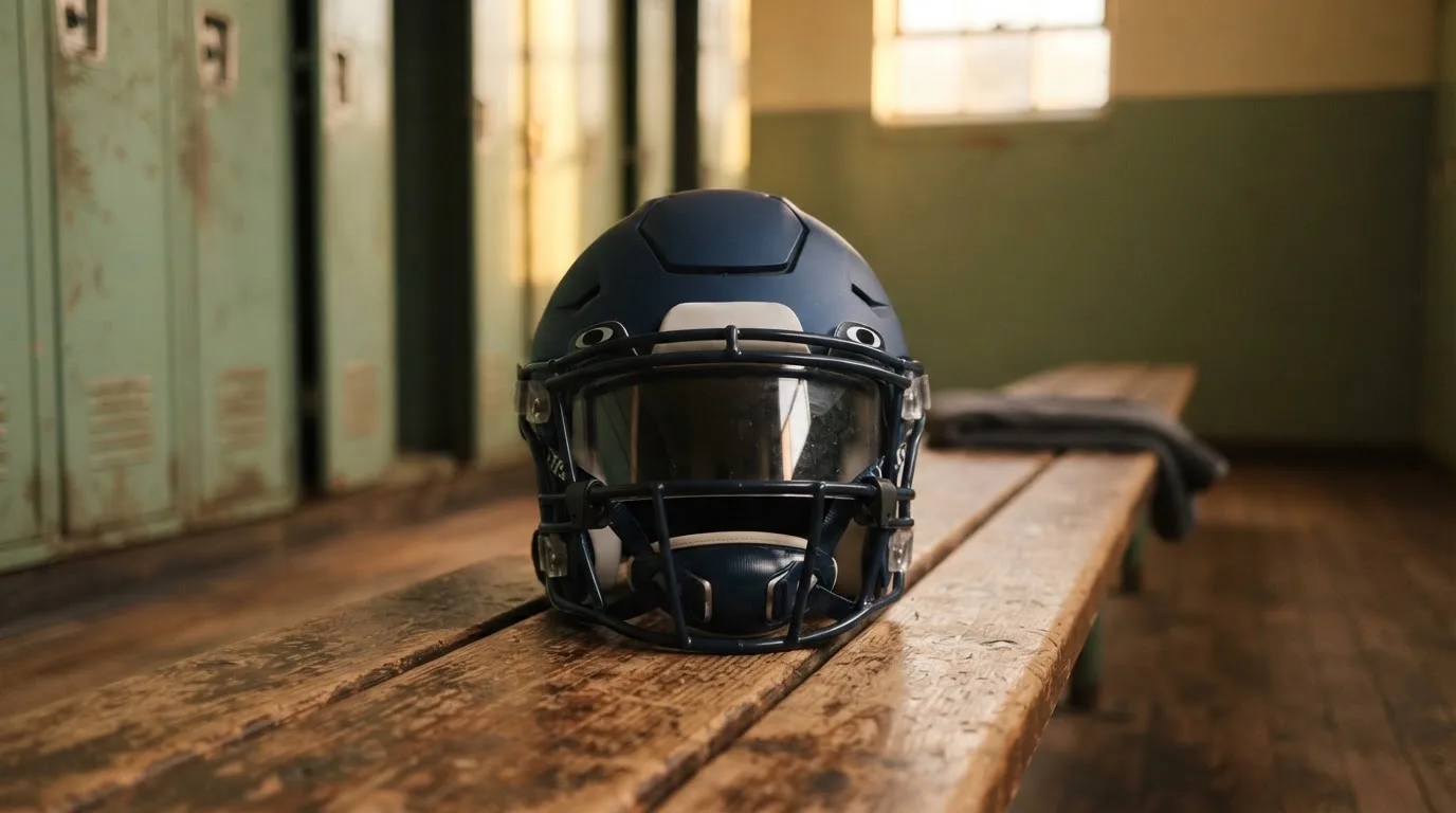 Ein neutraler Footballhelm ohne Aufdruck steht auf einer Holzbank in einer Umkleidekabine.