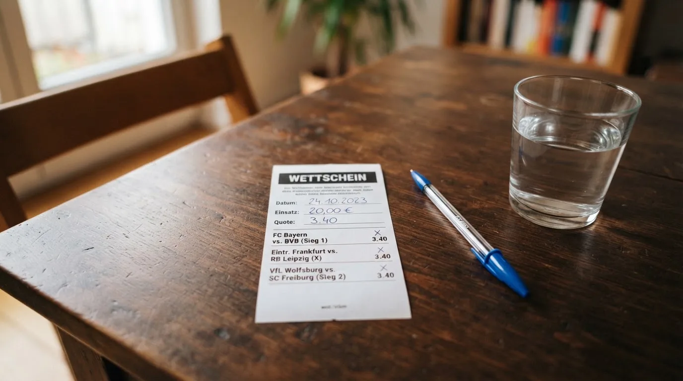 Ein leerer Wettschein aus Papier liegt neben einem Stift auf einem Tisch, daneben ein Glas Wasser.