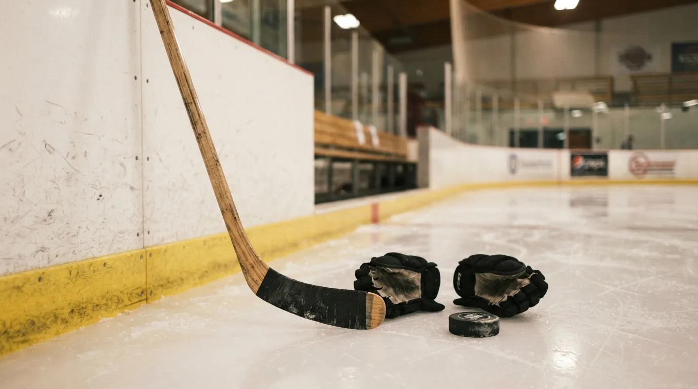 Ein Eishockeyschläger lehnt an einer Bande, daneben liegen ein Puck und ein Paar Handschuhe in einer Eishalle.