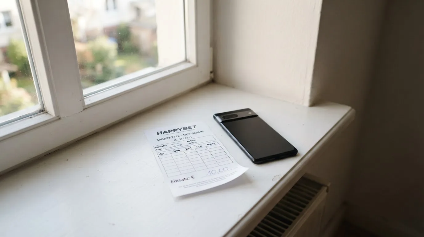 Ein leerer Wettschein aus Papier und ein Smartphone mit dunklem Display liegen auf einer Fensterbank im Tageslicht.