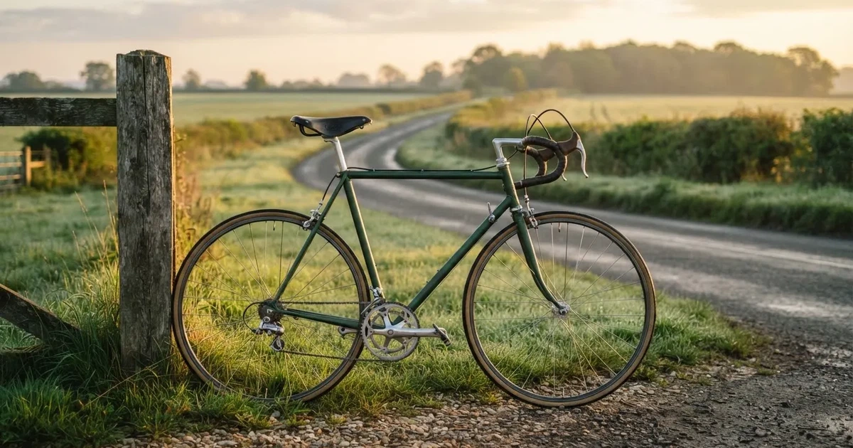 Eine Landstraße zwischen Feldern im Morgenlicht, am Straßenrand lehnt ein Rennrad ohne Aufschrift an einem Pfosten.
