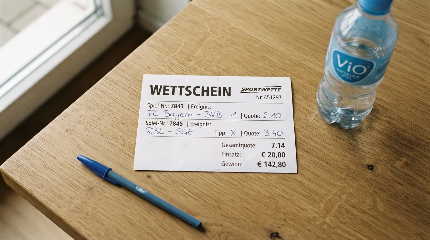 Ein leerer Wettschein aus Papier liegt neben einer Trinkflasche und einem Stift auf einem Tisch.