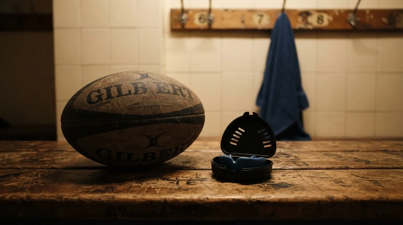 Ein Rugbyball und ein Mundschutz liegen auf einer Holzbank neben einer Reihe Kleiderhaken in einer Umkleide.