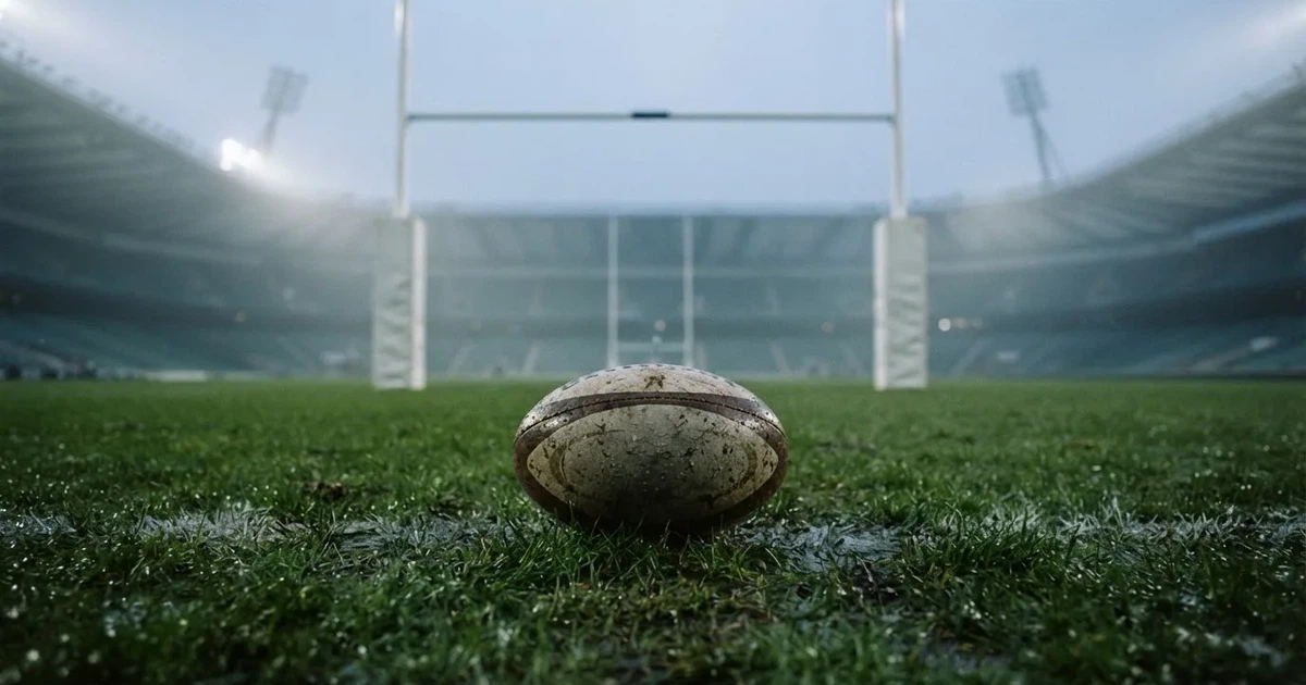 Ein ovaler Rugbyball liegt vor den hohen Torstangen auf nassem Rasen, über dem Stadion zieht Nebel auf.