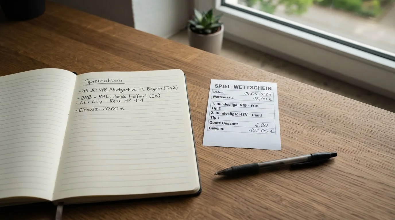 Ein leerer Wettschein aus Papier liegt neben einem Notizbuch und einem Stift auf einem Schreibtisch am Fenster.
