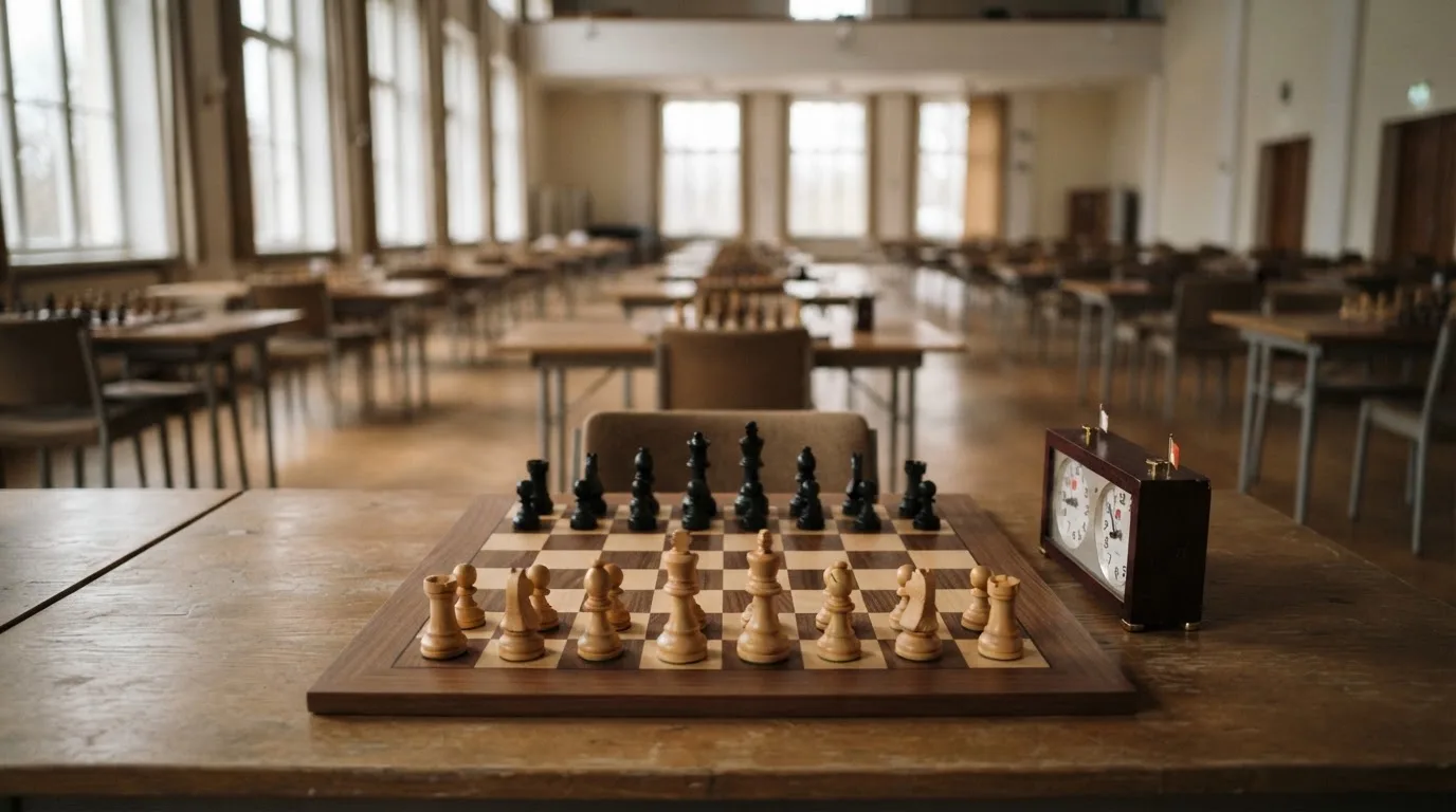 Ein Schachbrett und eine Schachuhr stehen auf einem Tisch in einem leeren Turniersaal, die Stühle sind ordentlich zurückgeschoben.