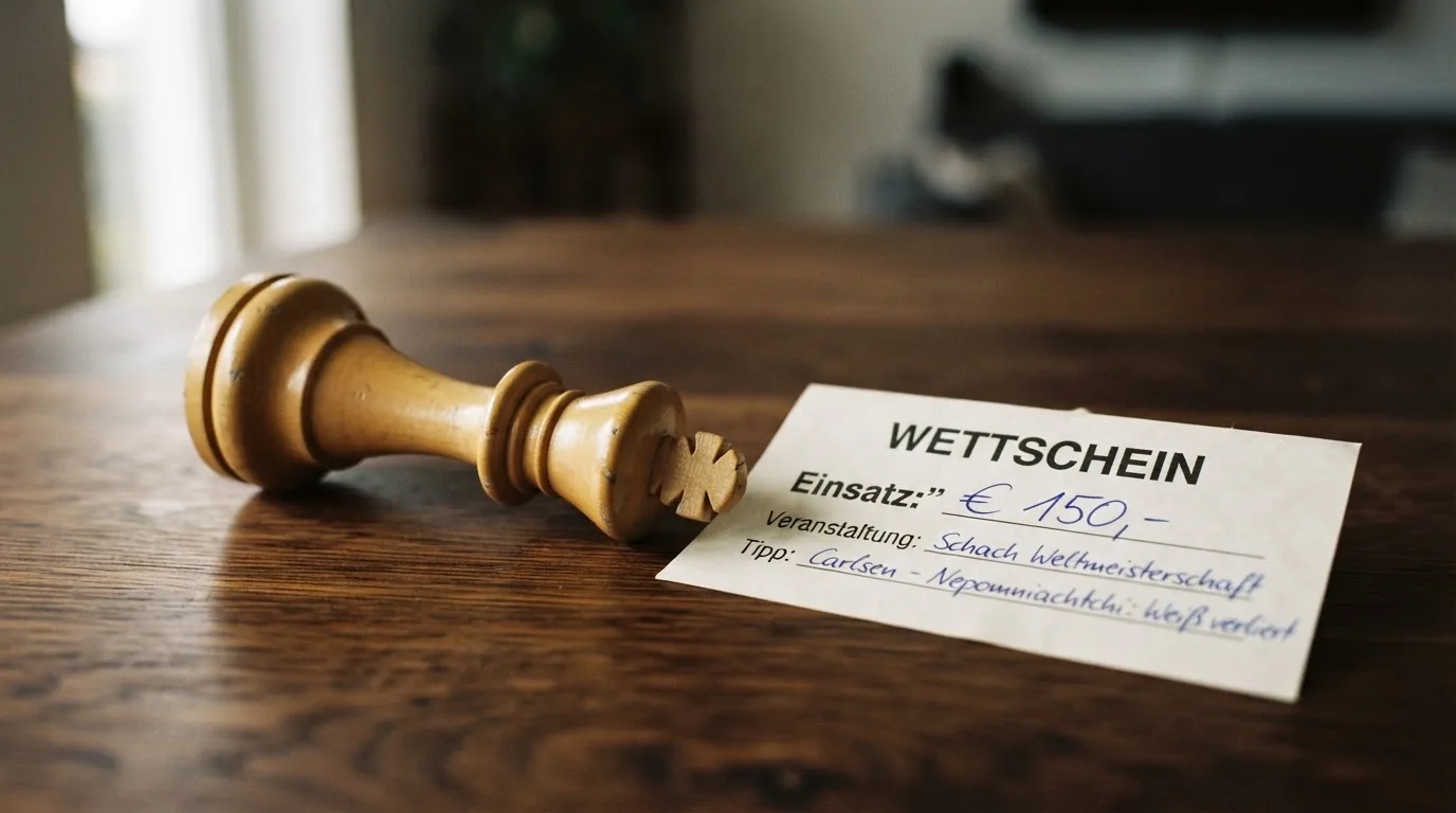 Ein leerer Wettschein aus Papier liegt neben einem umgekippten weißen Schachkönig auf einem Holztisch.