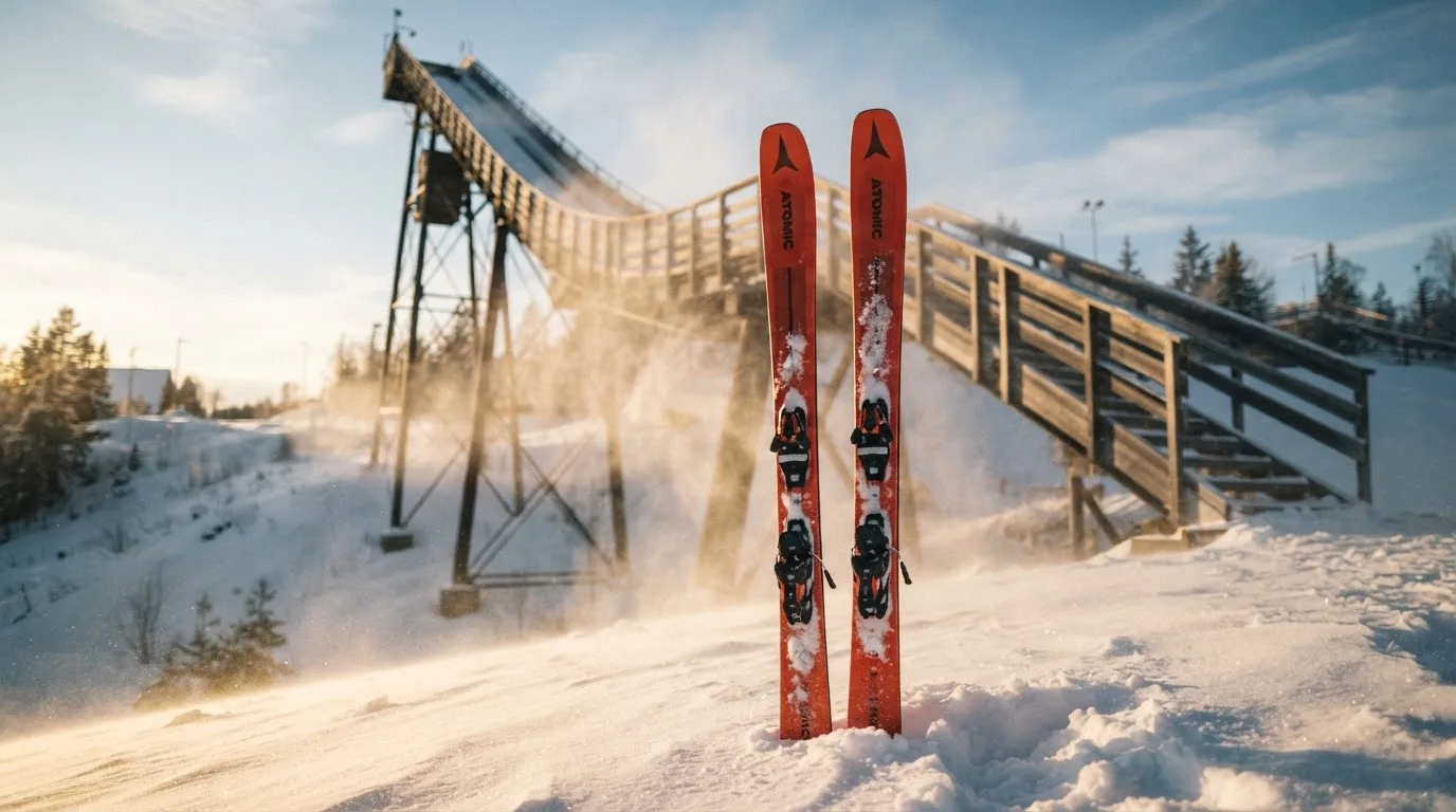 Ein Paar Skier steckt aufrecht im Schnee neben einem Anlaufturm, im Hintergrund wirbelt feiner Schnee im Wind.