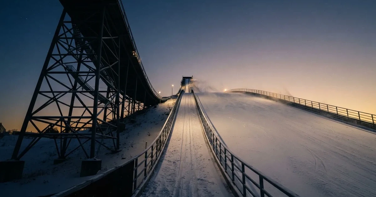 Eine Skisprungschanze im Schnee, von unten gesehen, vor einem klaren Winterhimmel in der Dämmerung, ohne Menschen.