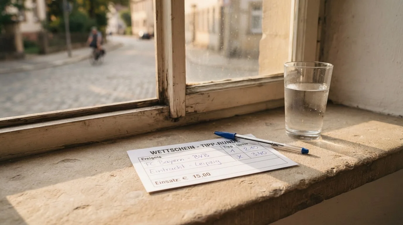 Ein leerer Wettschein aus Papier und ein Kugelschreiber liegen neben einem Glas Wasser auf einer Fensterbank.