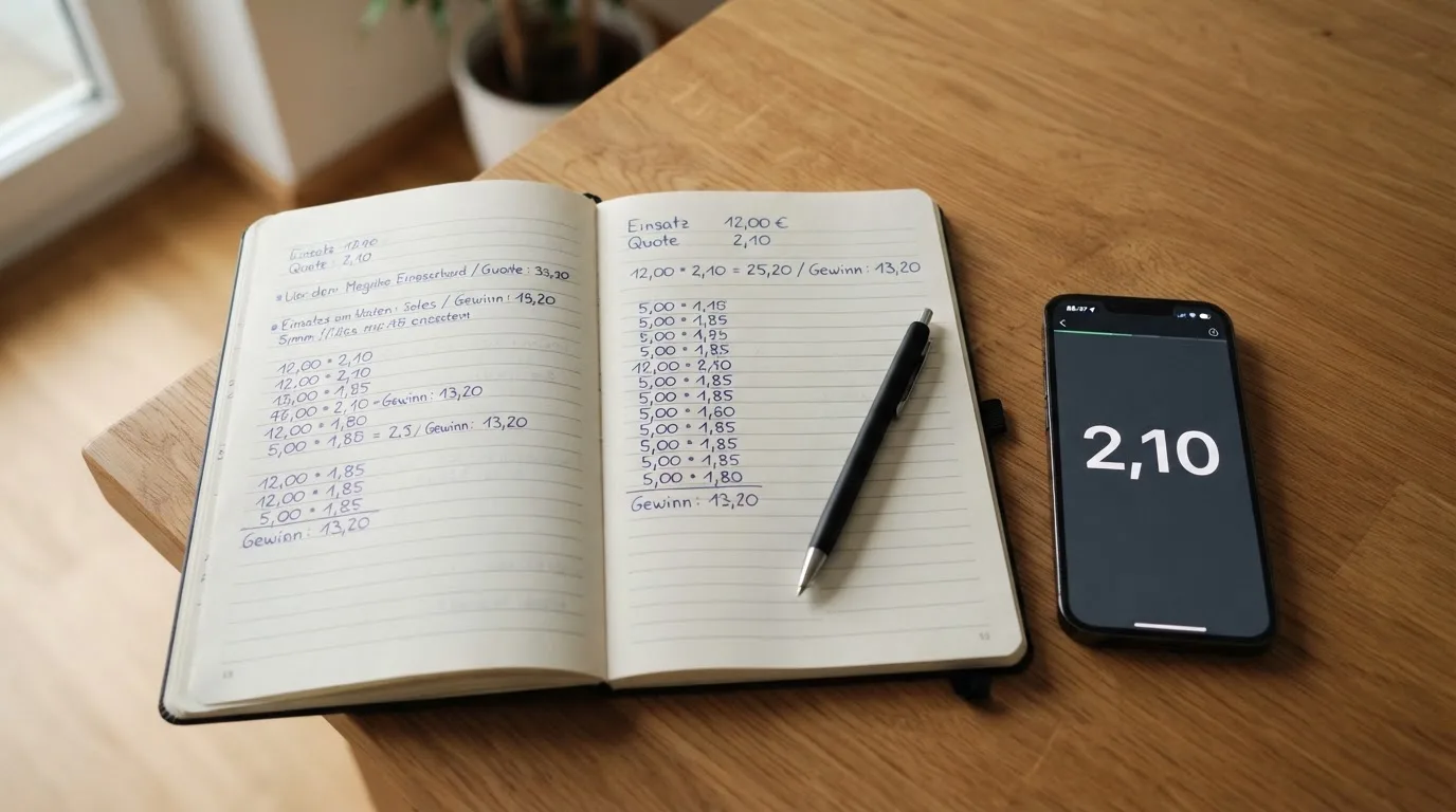 Ein aufgeschlagenes Notizbuch mit handschriftlichen Rechnungen liegt neben Stift und Smartphone auf einem Holztisch im Tageslicht.