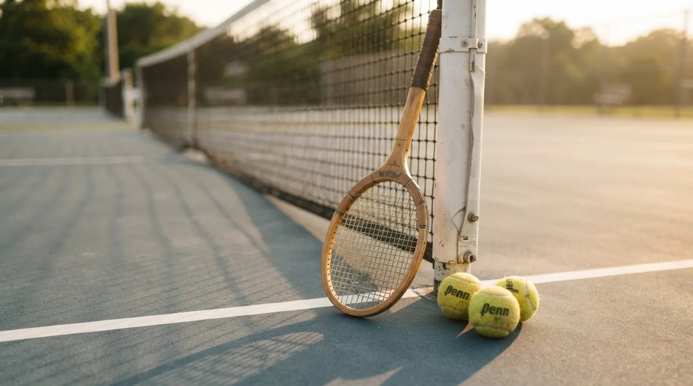 Ein Tennisschläger lehnt an einem Netzpfosten, daneben liegen drei Bälle auf einem Hartplatz in warmem Nachmittagslicht.