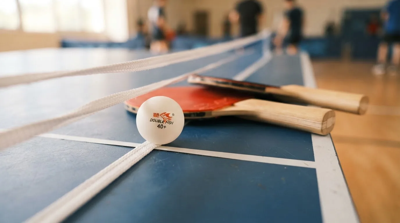 Ein weißer Ball liegt in Nahaufnahme auf der Netzkante einer Tischtennisplatte, daneben zwei Holzschläger mit rotem und schwarzem Belag.
