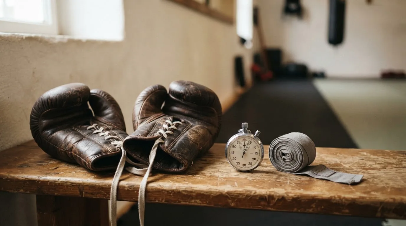 Ein Paar Kampfhandschuhe und eine Stoppuhr liegen auf einer Bank im Trainingsraum neben einer aufgerollten Handbandage.