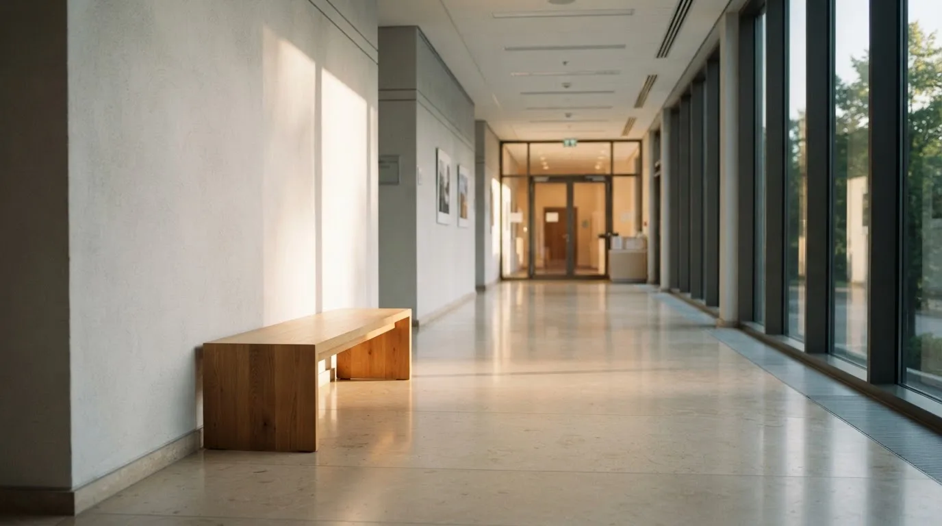 Ein heller Flur in einem Verwaltungsgebäude mit einer leeren Holzbank und einem Fenster, durch das Morgenlicht fällt.