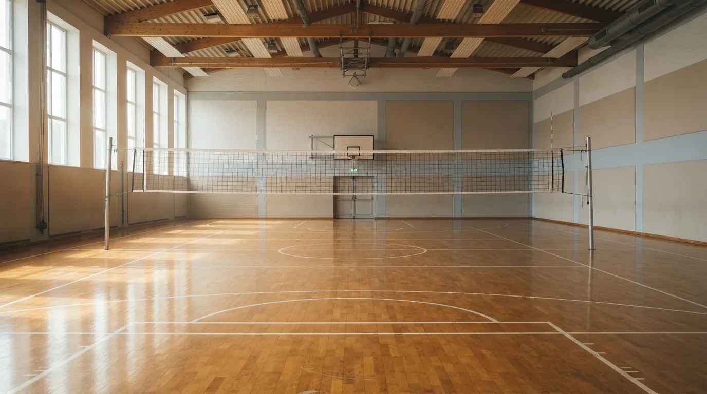 Eine leere Sporthalle mit gespanntem Volleyballnetz und glänzendem Parkett, durch hohe Fenster fällt Tageslicht.