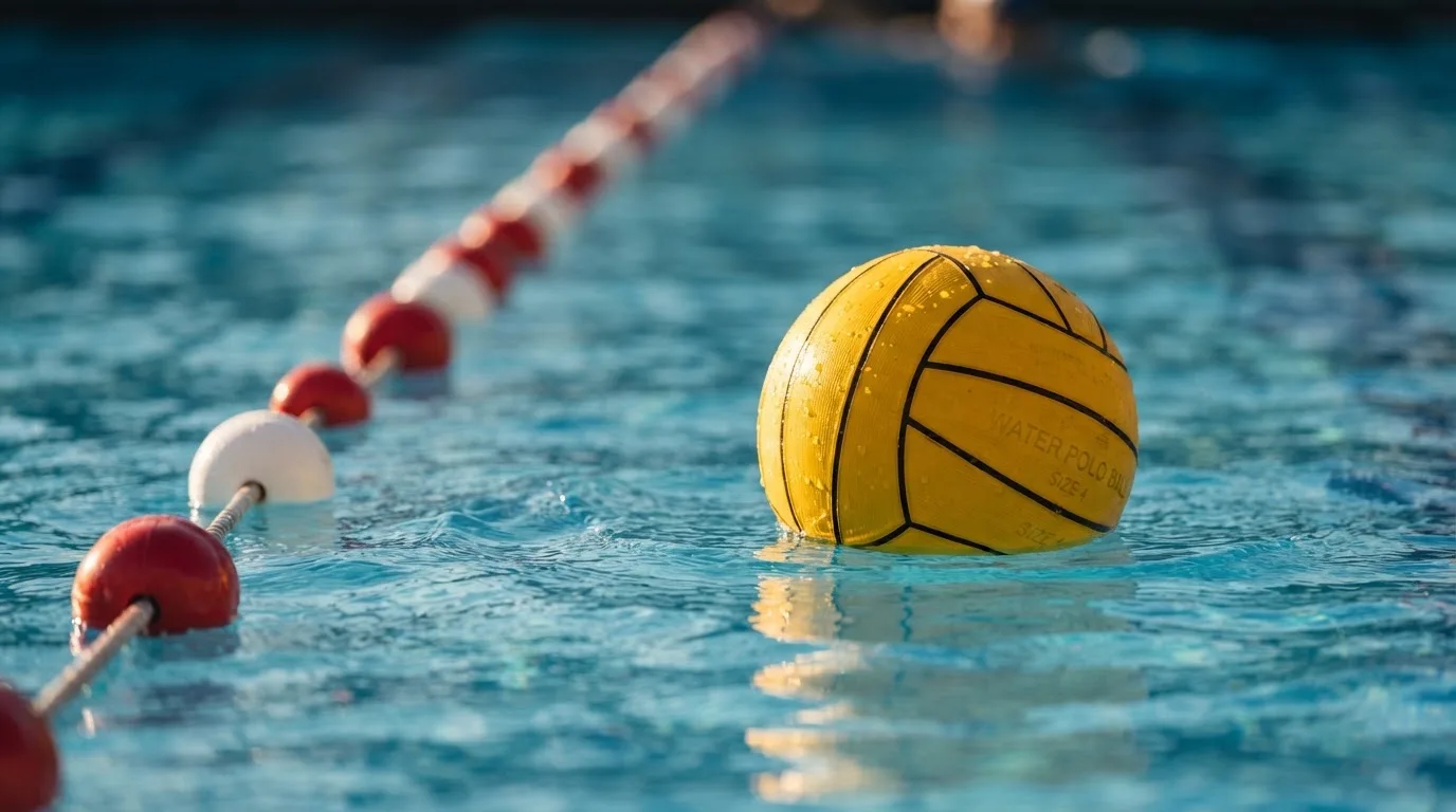 Ein gelber Wasserball treibt in Nahaufnahme auf der Wasseroberfläche neben einer Leine mit Bojen.