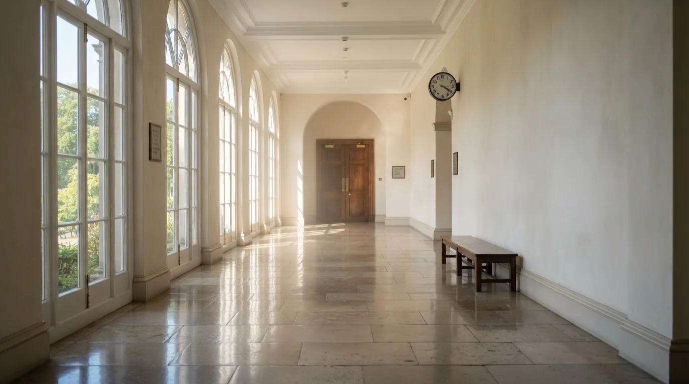 Ein leerer Amtsflur mit hohen Fenstern und glänzendem Steinboden, durch die Fenster fällt das Licht eines Vormittags.