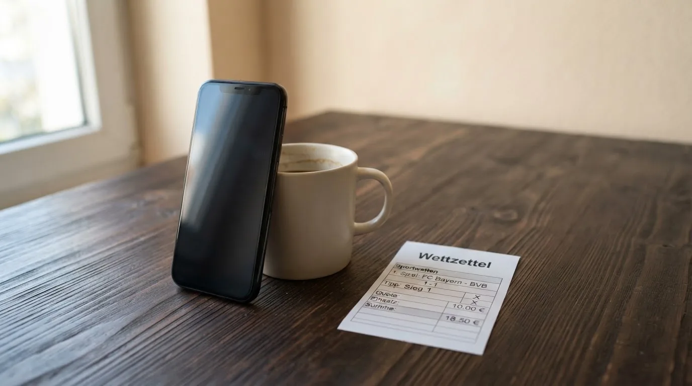 Ein Smartphone mit dunklem Bildschirm lehnt an einer Kaffeetasse auf einem Holztisch, daneben ein blanker Papier-Wettschein.