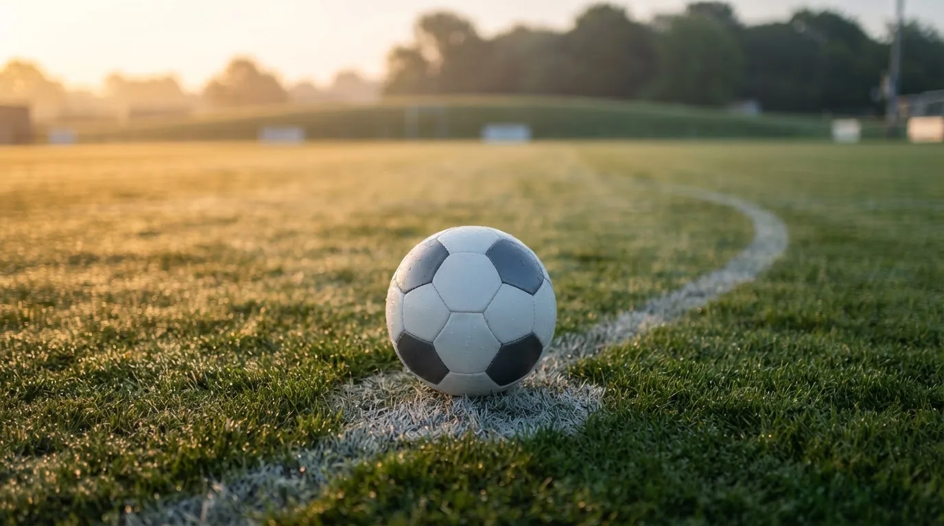 Ein Fußball liegt auf dem Anstoßpunkt eines Rasenplatzes im ersten Morgenlicht, Tau glänzt auf dem Gras.