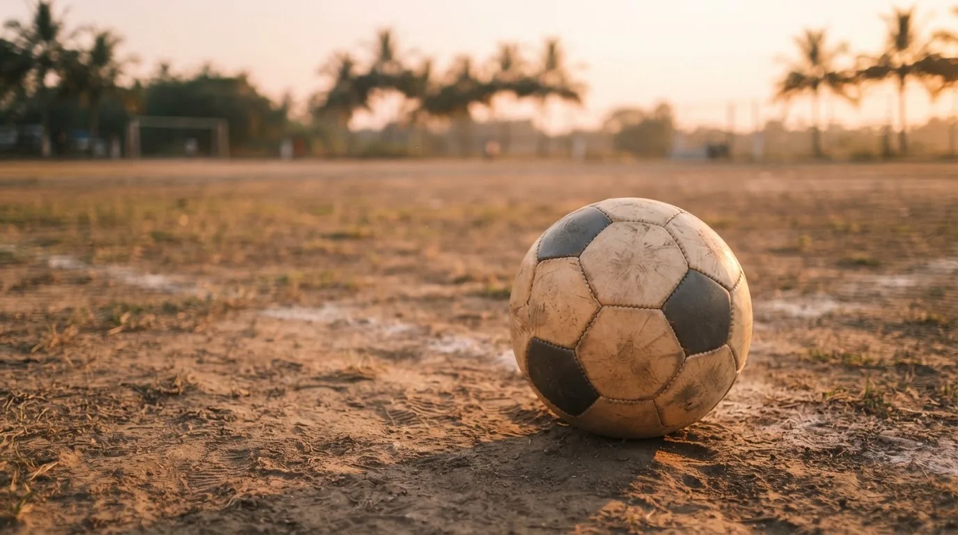 Ein Fußball liegt auf einem staubigen Bolzplatz mit Palmen im Hintergrund in warmem Abendlicht.