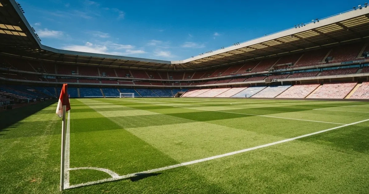 Ein Fußballstadion mit hellen Rängen unter strahlend blauem Himmel, davor ein sonnenbeschienener Rasen mit frisch gemähten Streifen.