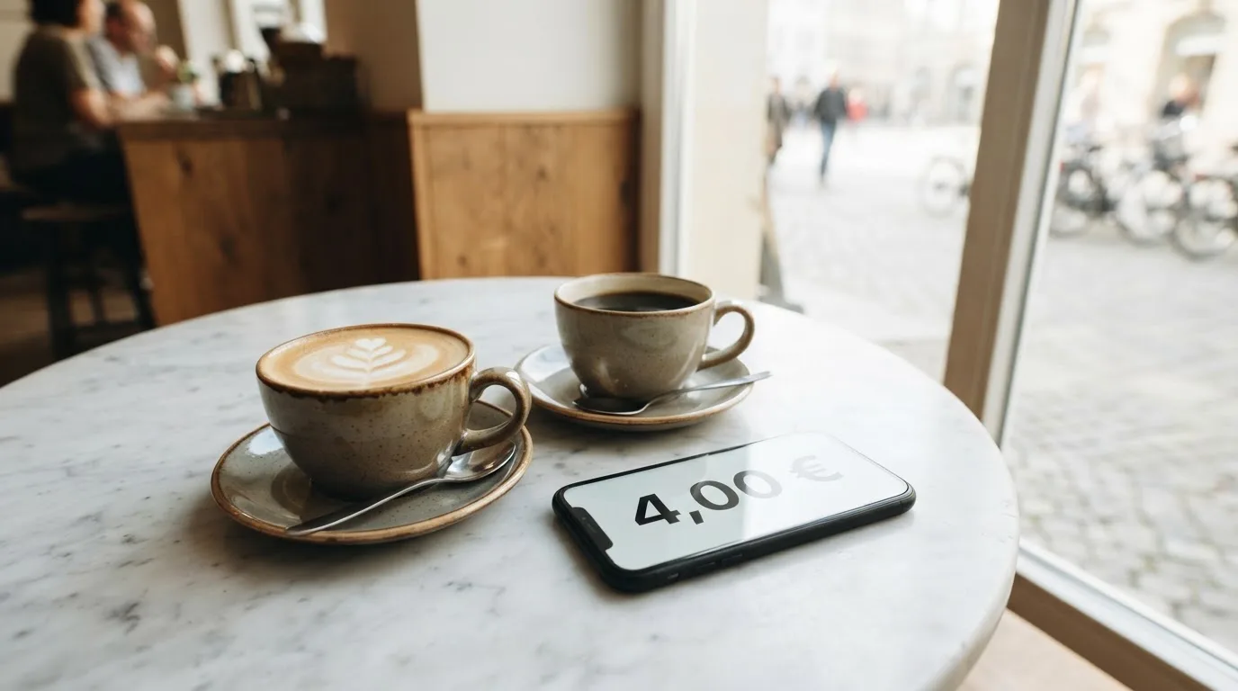 Zwei Kaffeetassen und ein dunkles Smartphone stehen auf einem Café-Tisch am Fenster im Morgenlicht.