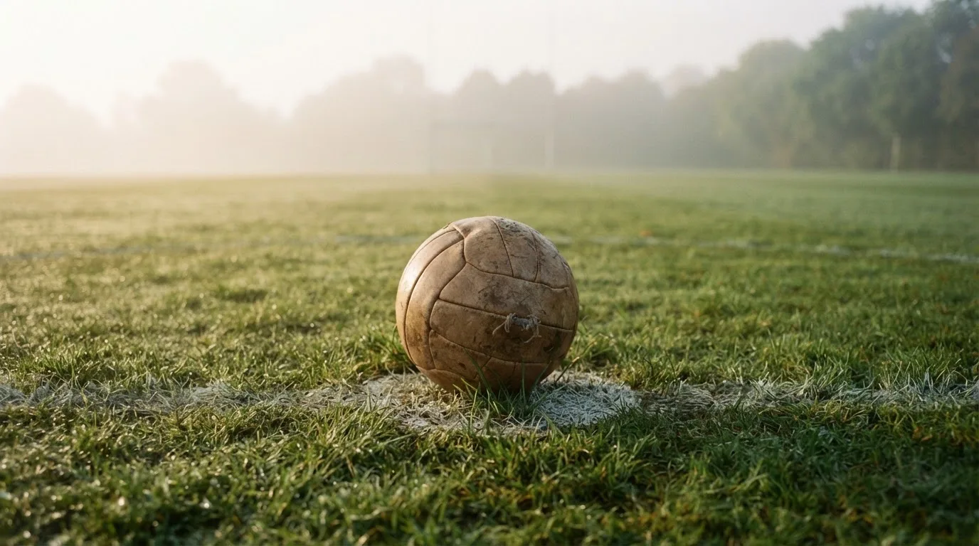 Ein abgewetzter Fußball liegt auf dem Anstoßkreis eines Naturrasens im Morgennebel.