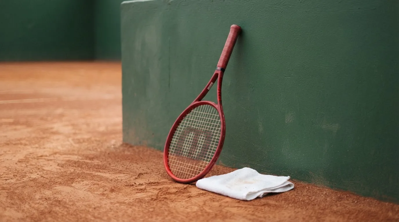 Ein Tennisschläger lehnt an einer dunkelgrünen Bande ohne Aufschrift auf einem Sandplatz, daneben liegt ein Handtuch.