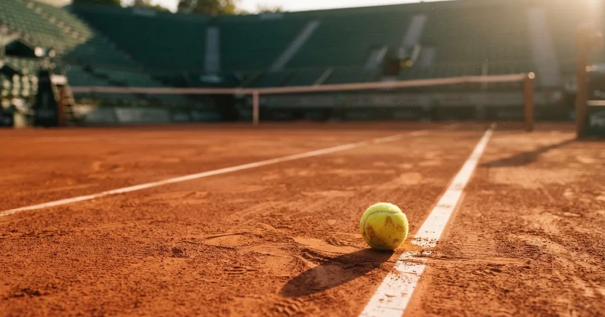 Ein Sandplatz mit rötlichem Belag und gezogenen weißen Linien, ein einzelner Tennisball liegt neben der Linie, im Hintergrund eine leere Tribüne.