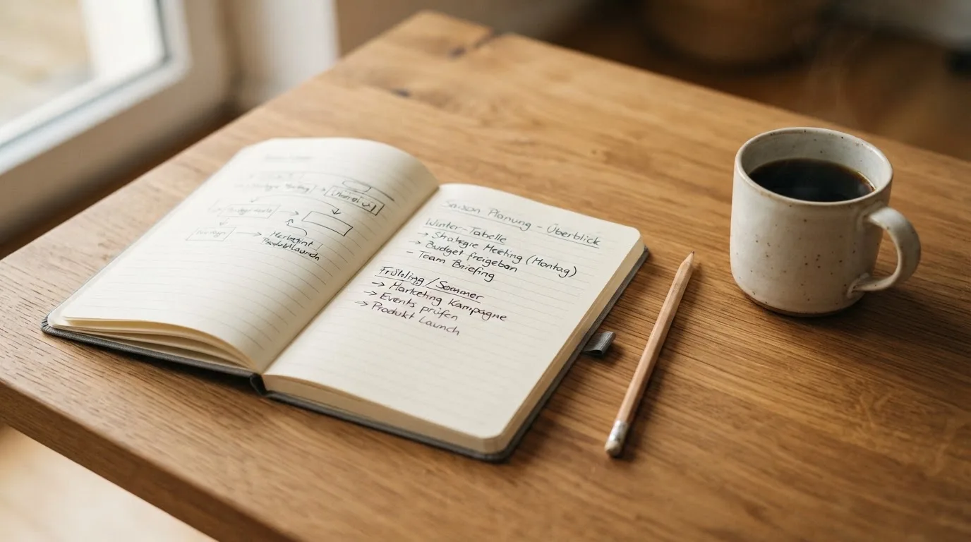 Ein aufgeschlagenes Notizbuch mit handschriftlichen Skizzen liegt neben einem Bleistift auf einem Holztisch, daneben eine Tasse Kaffee.