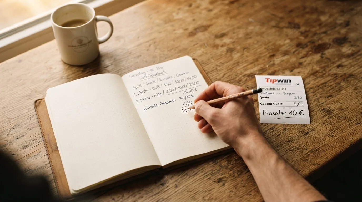 Ein Taschenrechner und ein Bleistift liegen auf einem Schreibtisch neben einem aufgeschlagenen Notizbuch mit handschriftlichen Zahlenreihen.
