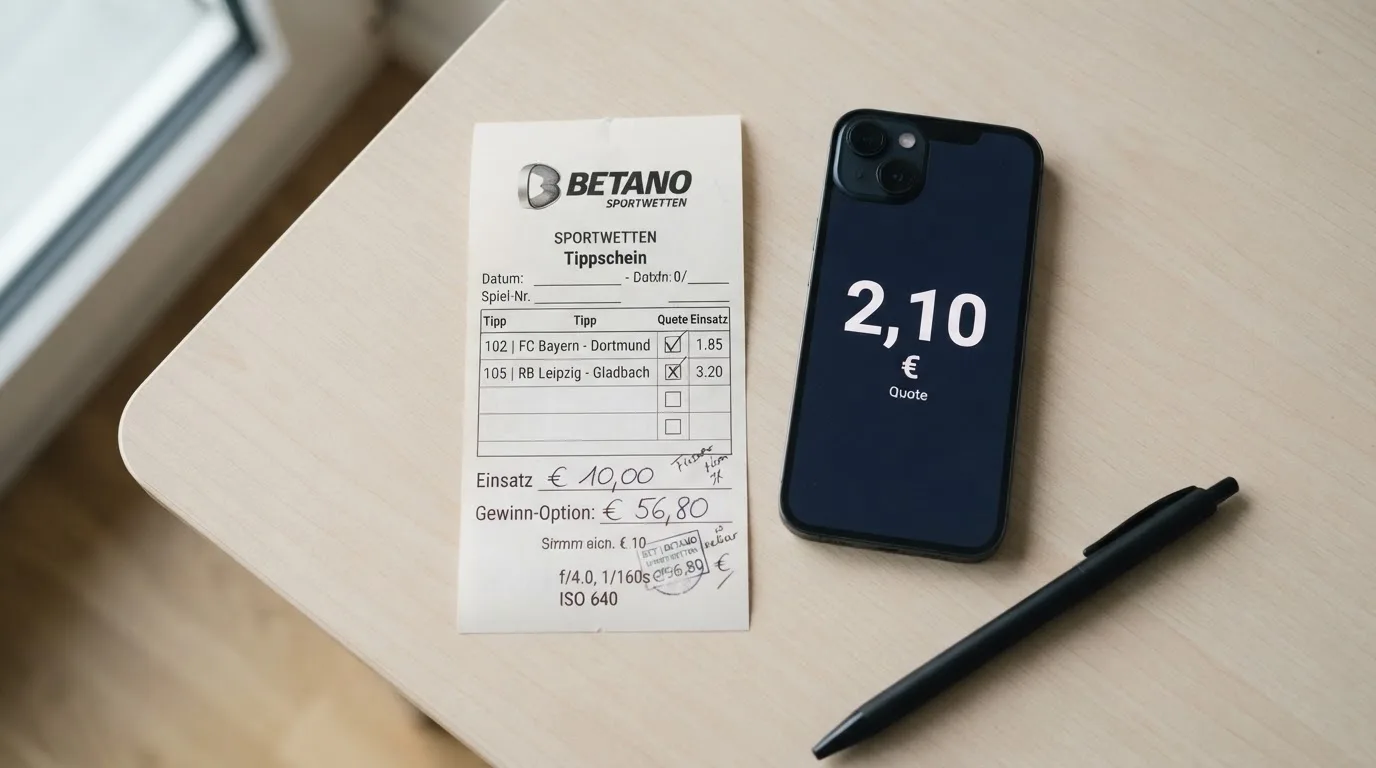 Ein leerer Papier-Wettschein liegt neben einem Smartphone mit dunklem Display auf einer hellen Tischplatte, daneben ein Kugelschreiber.