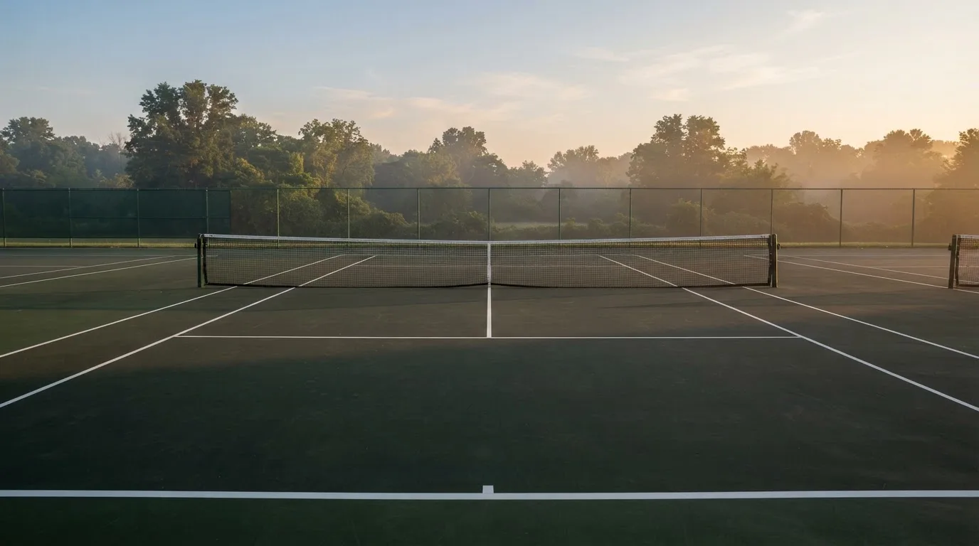 Ein Tennisplatz bei Sonnenaufgang, Netz und Grundlinien im weichen Licht, niemand ist zu sehen.