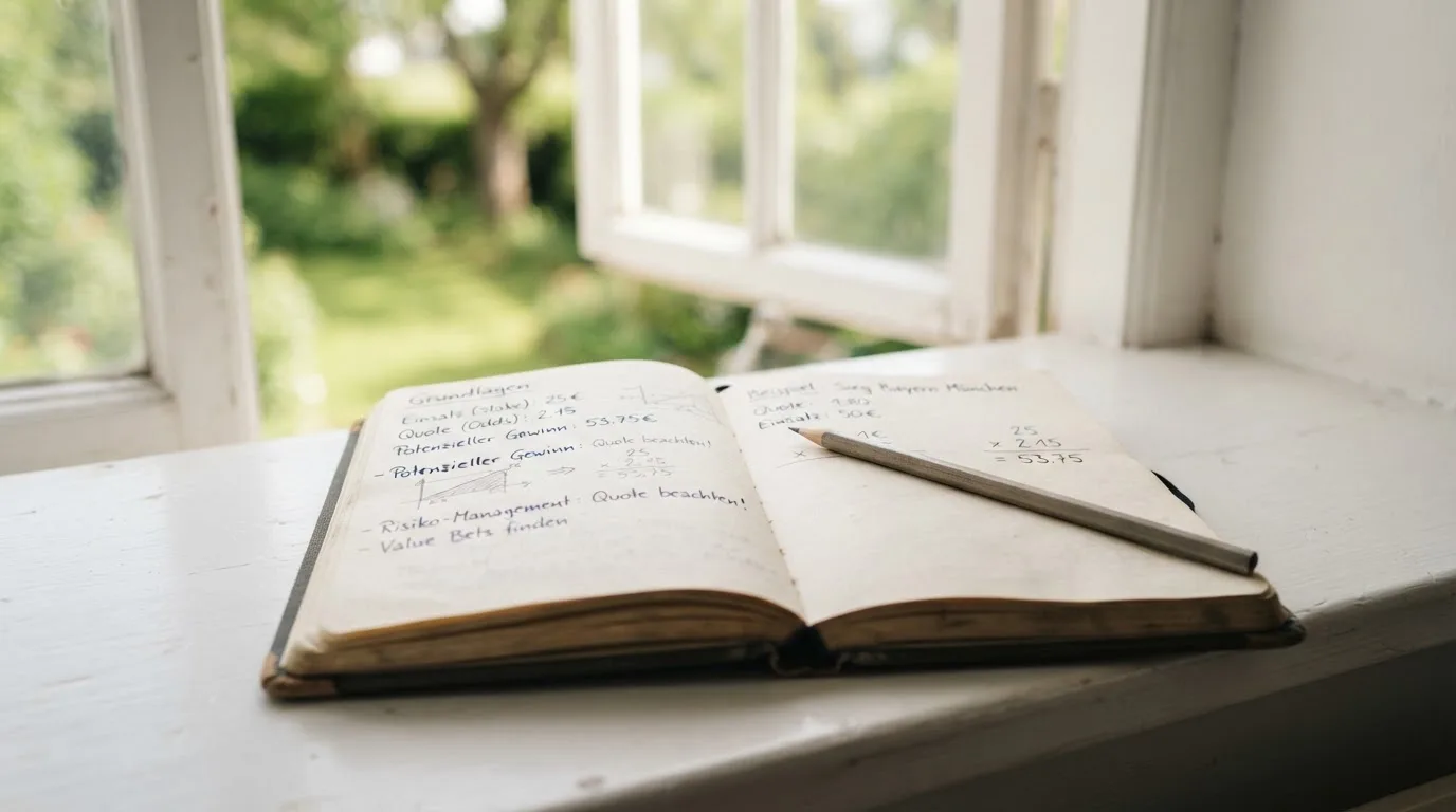 Ein aufgeschlagenes Notizbuch mit handschriftlichen Skizzen und ein Bleistift liegen auf einer Fensterbank im Tageslicht.