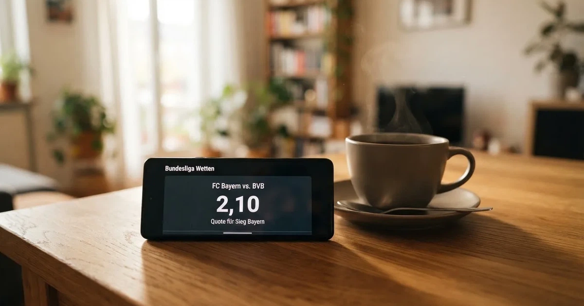 Ein Smartphone mit dunklem Display liegt auf einem Holztisch neben einer Tasse Kaffee, im Hintergrund ein unscharfes Fenster.
