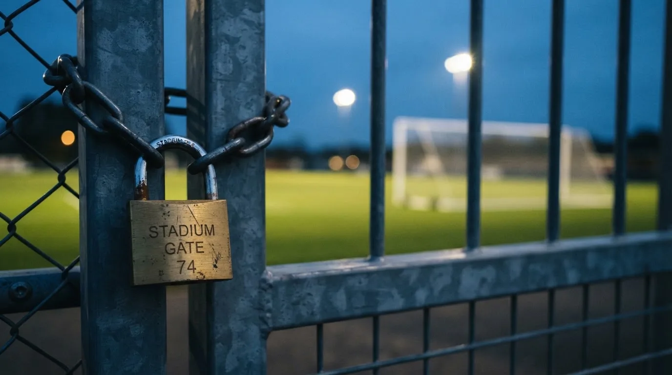 Ein Vorhängeschloss hängt an einem Metalltor, dahinter ein unscharfer Fußballplatz in der Dämmerung.