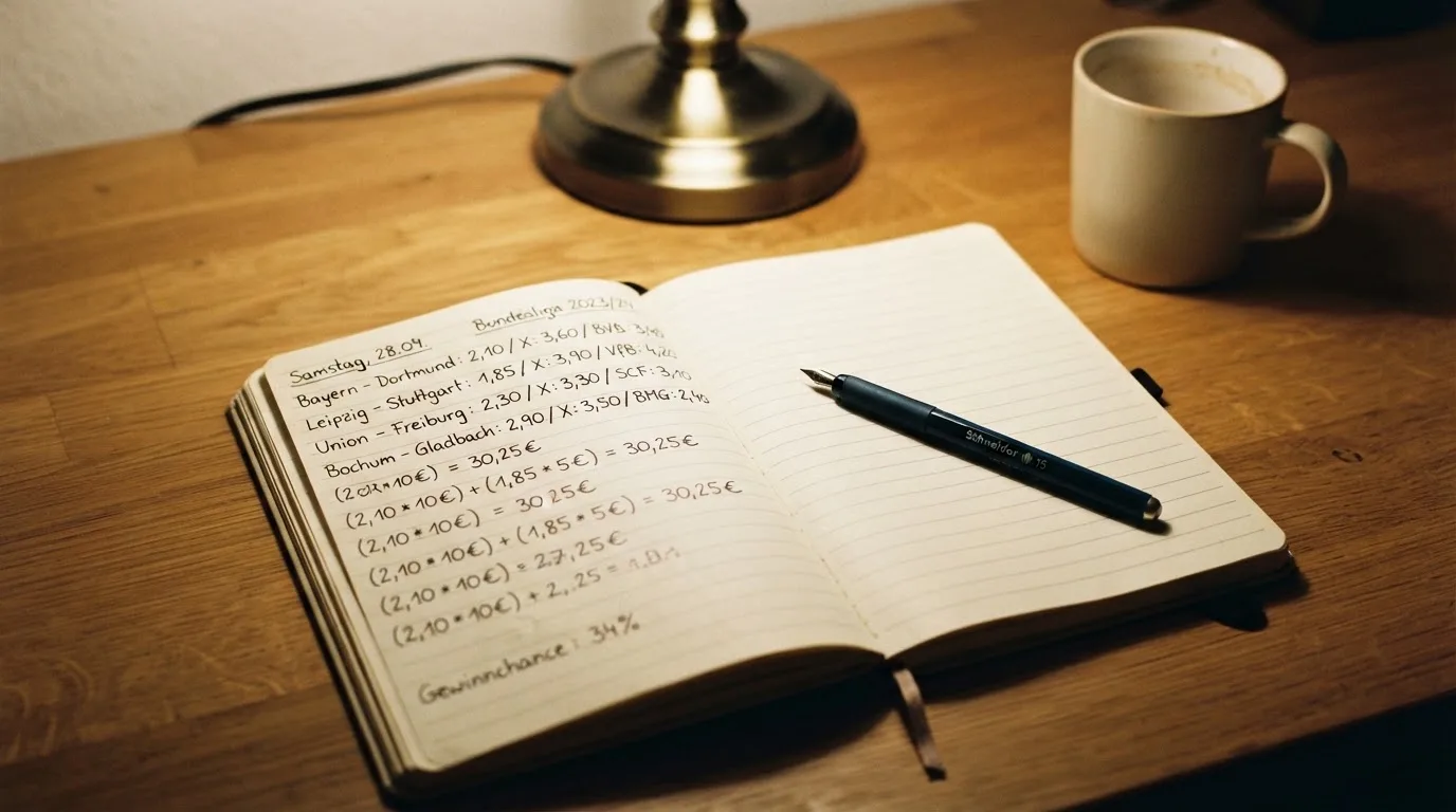 Ein Taschenrechner und ein Notizbuch mit handschriftlichen Zahlenreihen liegen auf einem Schreibtisch unter einer Lampe.