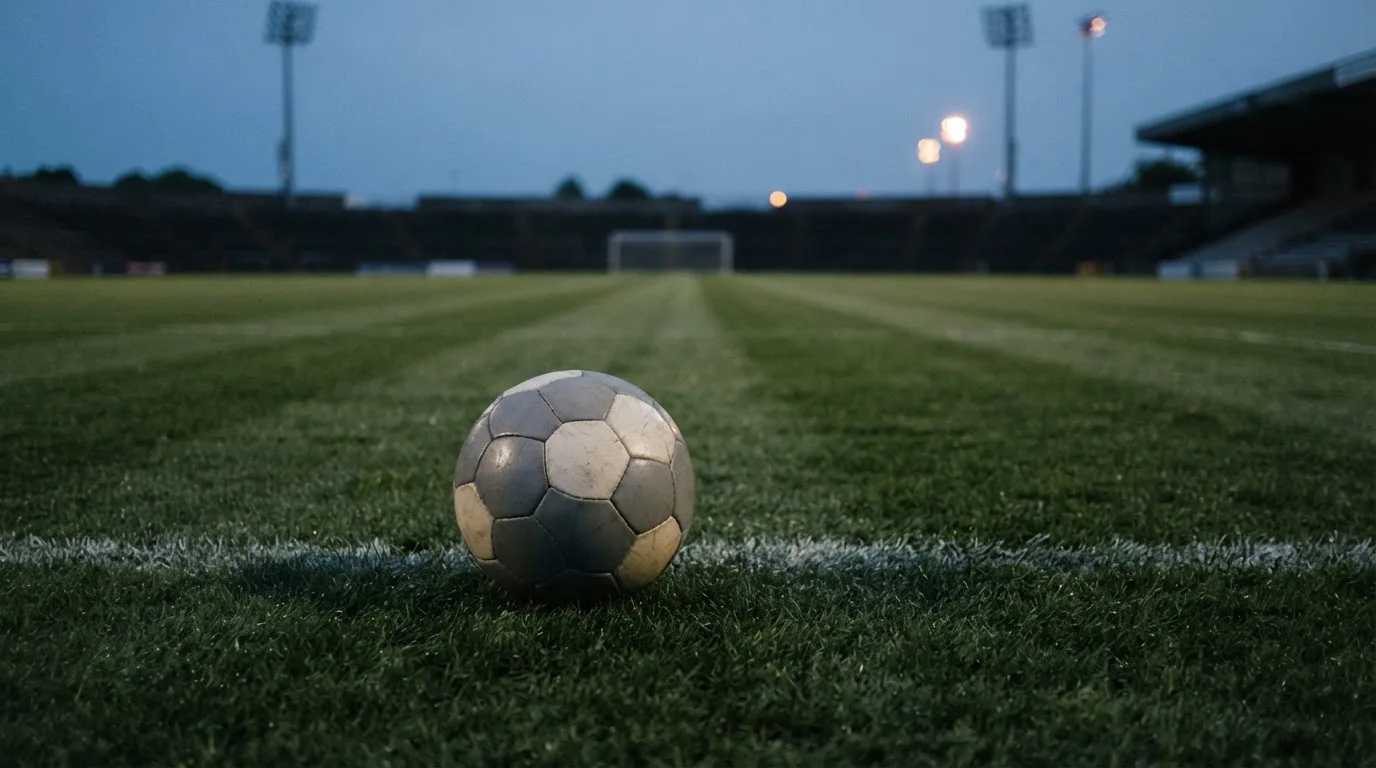 Ein Fußball liegt im Gras eines leeren Platzes, im Hintergrund stehen Flutlichtmasten in der Dämmerung.
