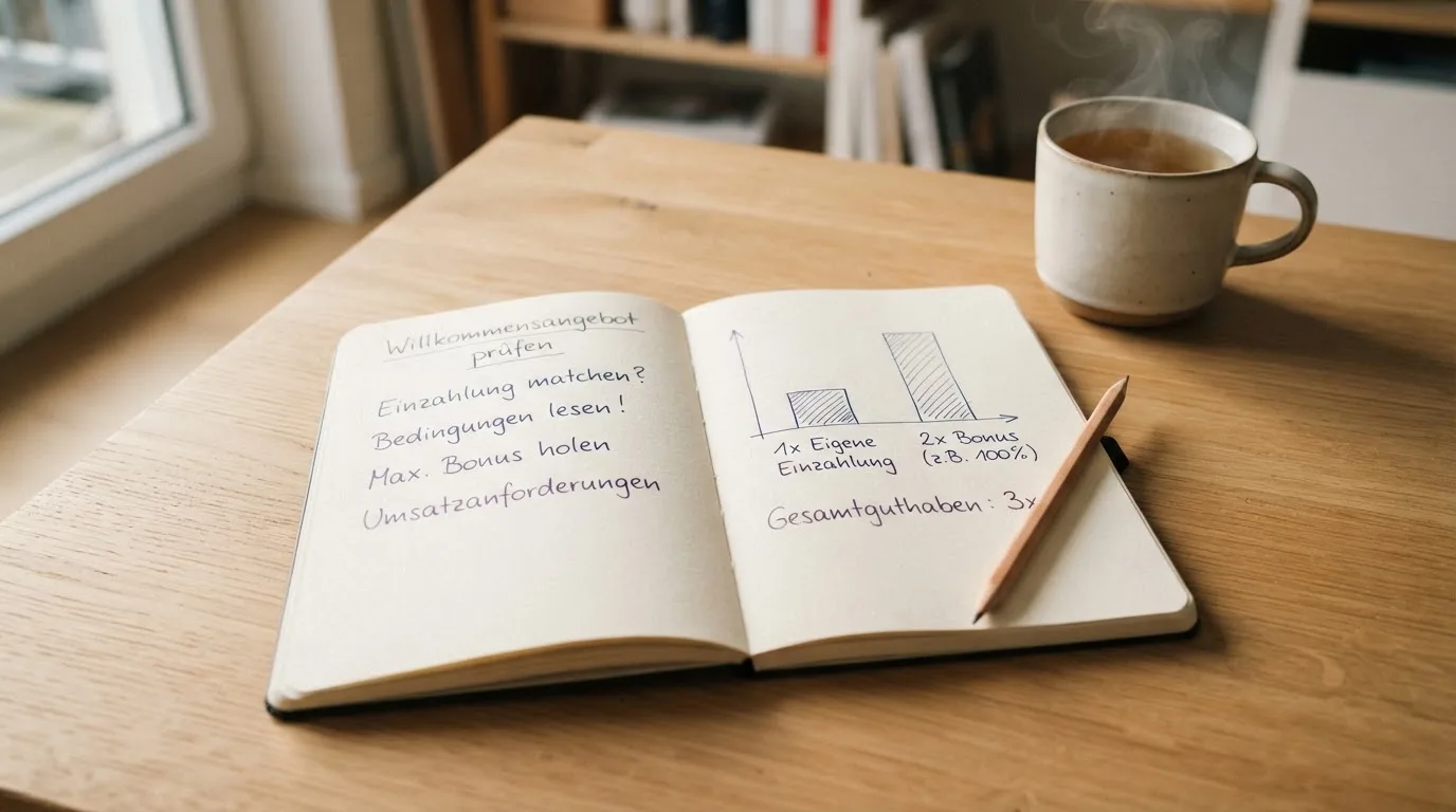 Ein aufgeschlagenes Notizbuch mit handschriftlichen Skizzen und ein Bleistift liegen auf einem Schreibtisch neben einer Tasse Tee.