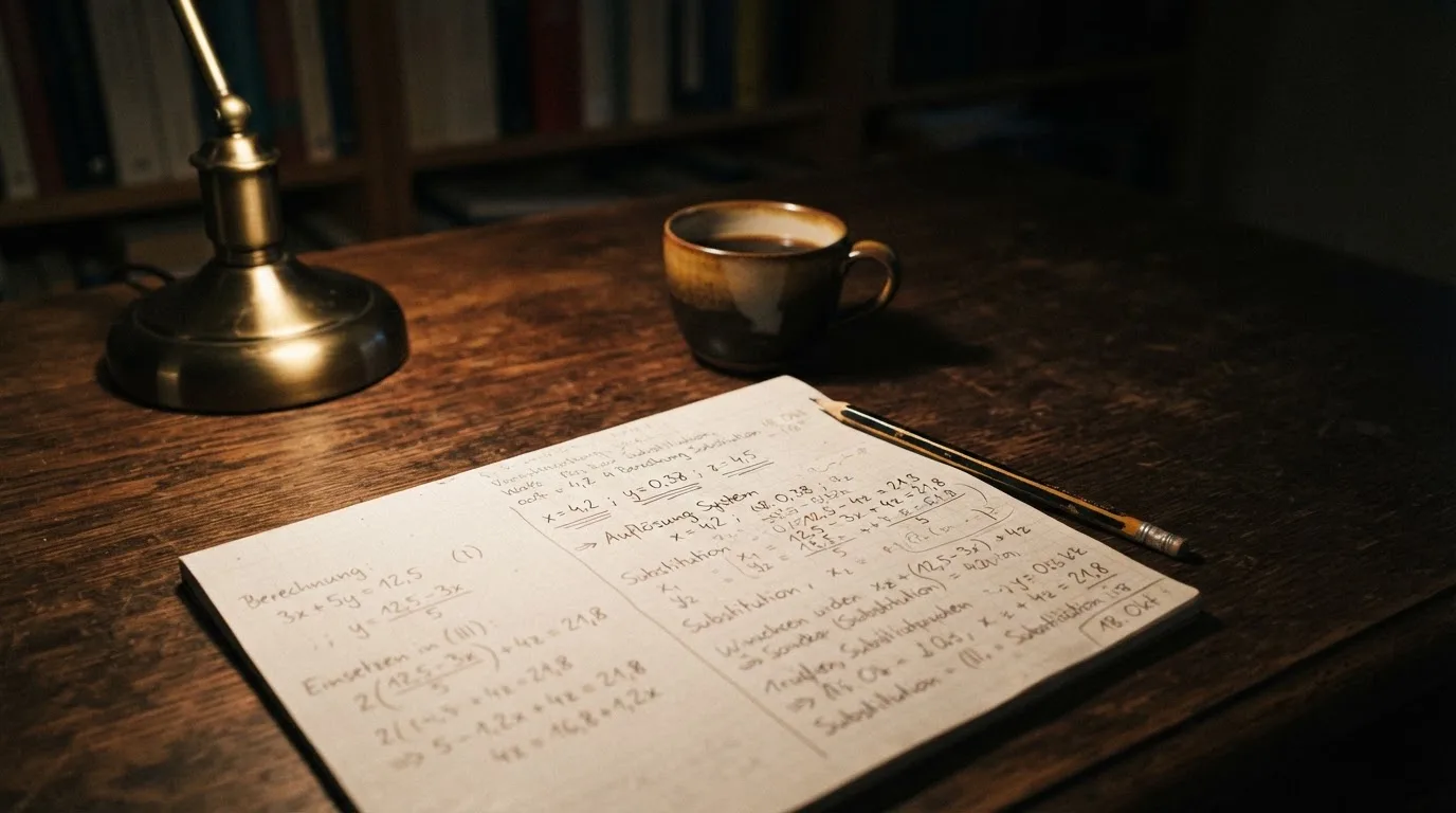 Ein Taschenrechner und ein Bleistift liegen auf einem Schreibtisch neben einer Tasse Kaffee im Licht einer Lampe.