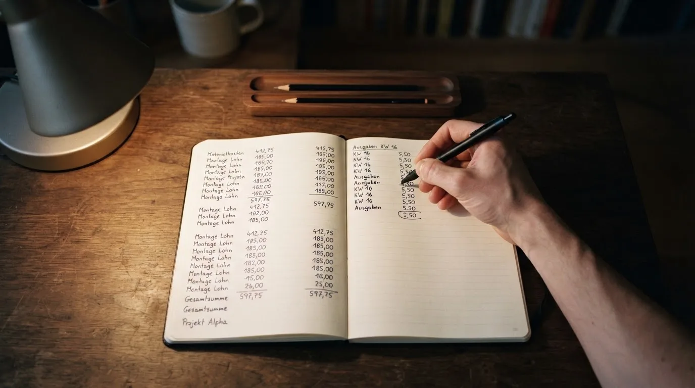 Ein Taschenrechner und ein aufgeschlagenes Notizbuch mit handschriftlichen Zahlenreihen liegen unter einer Schreibtischlampe.